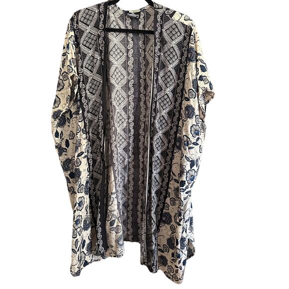 ANGIE | Black and blue Floral Open Front Cream and Blue Floral Kimono | Small - Picture 1 of 5